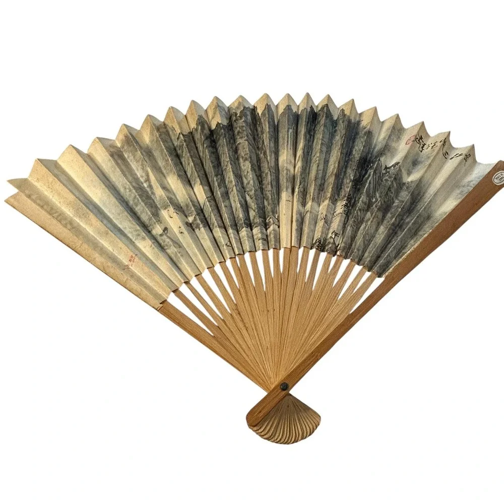 Vintage Chinese Folding Fan Bamboo‎ Paper Ink Landscape Mountain Scene - Picture 9 of 9